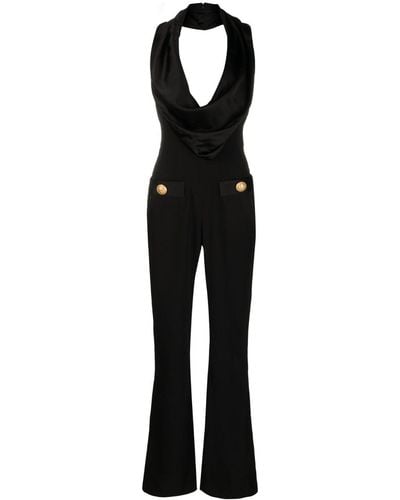Balmain Cowl Neck Crepe Flare Jumpsuit - Black