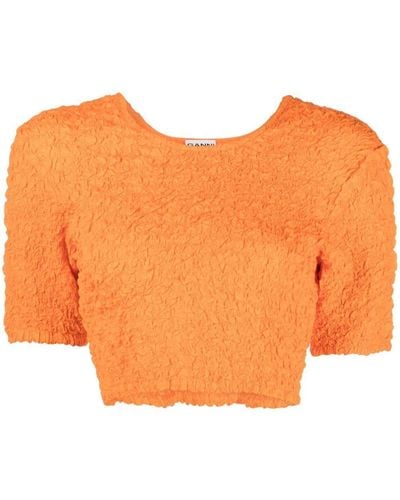 Ganni Shirred Organic Cotton Crop Top - Orange