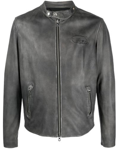 DIESEL Veste en cuir L-Metal-Treat à logo embossé - Gris