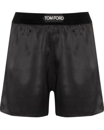 Tom Ford Pantalones cortos de seda con logo en la cinturilla - Negro
