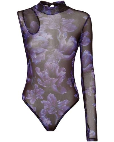 Philipp Plein Floral-print Single-sleeve Bodysuit - Purple