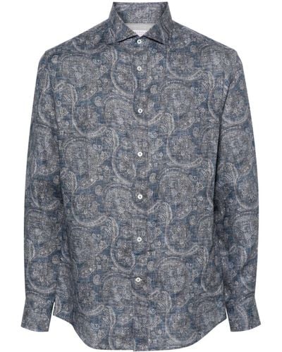 Brunello Cucinelli Leinenhemd mit Paisley-Print - Blau