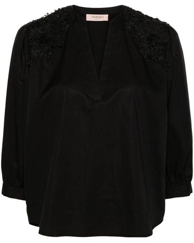 Twin Set Floral-appliqué poplin blouse - Negro