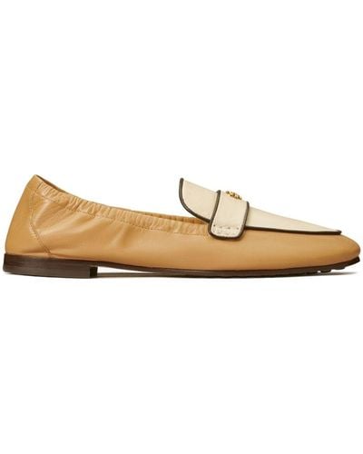 Tory Burch Logo-plaque Leather Loafers - Natural