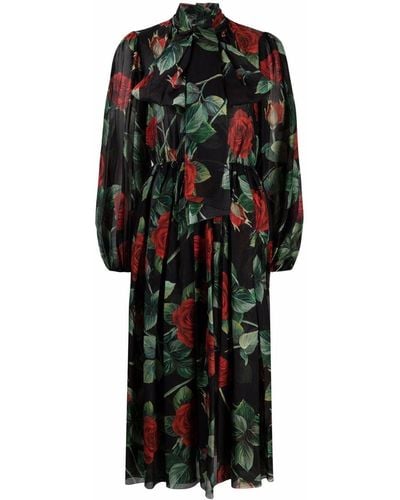 Dolce & Gabbana Rose Print Flared Chiffon Dress - Black