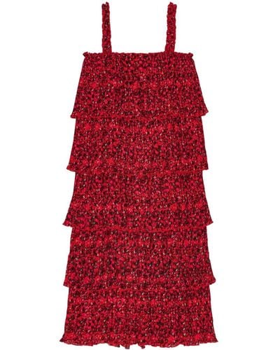 Ganni Floral-print Pleated Midi Dress - Red