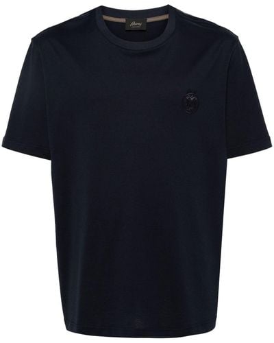 Brioni Logo Embroidered Cotton T-shirt - Blue