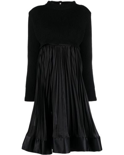 Sacai Ribbed-knit Pleated Midi Dress - Black