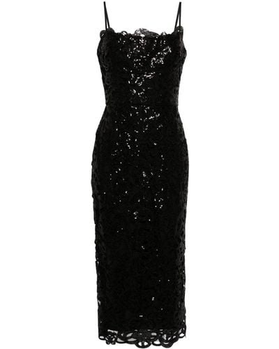 Marchesa Floral-pattern Sequinned Midi Dress - Black