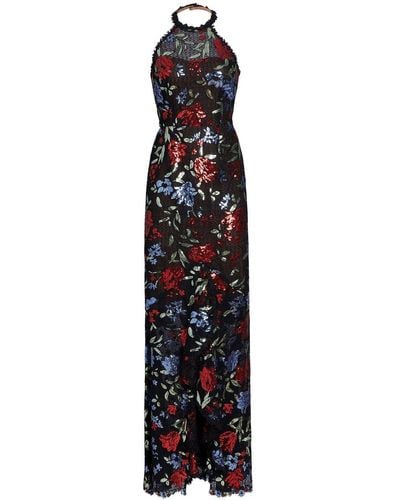 Marchesa Floral-print Sequinned Gown - Black