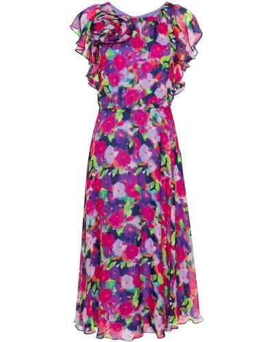 Nissa Floral-appliqué Georgette Dress - Purple