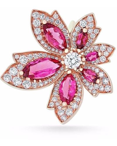 David Morris 18kt Rose Gold Palm Flower Rubellite And White Diamond Ring - Pink