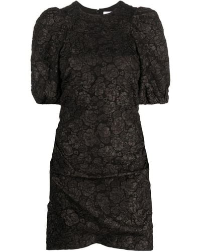 Ganni Patterned Floral-print Short Puff-sleeves Dress - Black