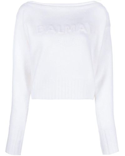 Balmain Slash-neck Long-sleeve Sweater - White