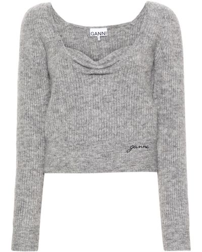 Ganni Logo-embroidered Sweetheart-neck Sweater - Grey