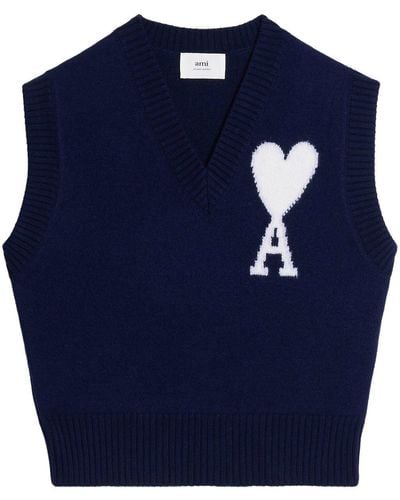 Ami Paris Logo-intarsia Knitted Vest - Blue