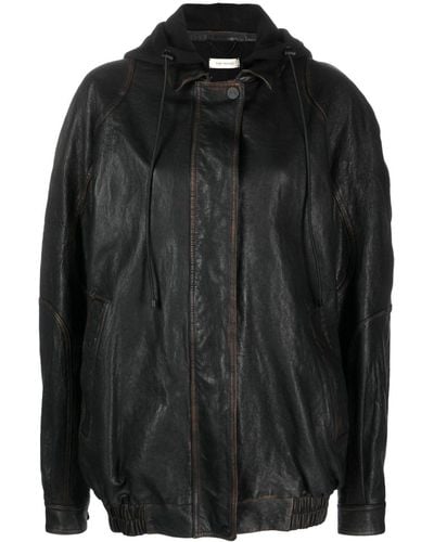 The Mannei Batumi Drawstring-hood Leather Jacket - Black