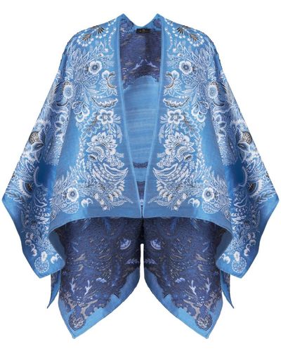 Etro Cape drapée à fleurs en jacquard - Bleu