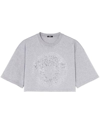 Versace Medusa Crystal-embellished Cropped T-shirt - Gray