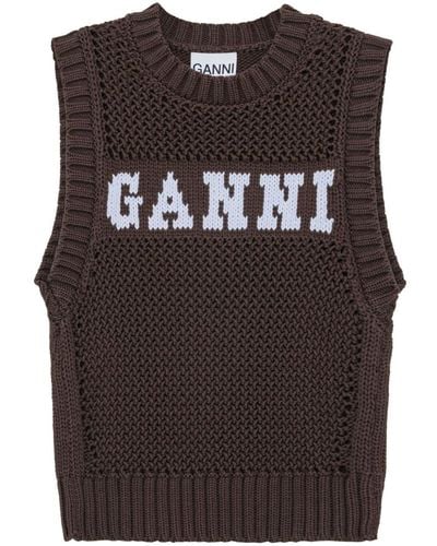 Ganni Open Stitch Gebreide Vest Met Logo - Bruin