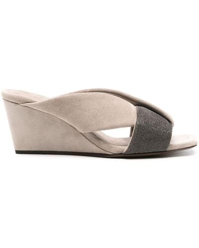 Brunello Cucinelli 75mm Monili-chain Suede Mules - Grey