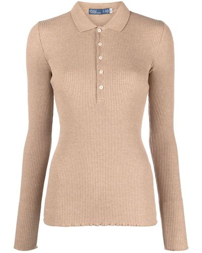 Polo Ralph Lauren Long-sleeve Ribbed-knit Polo Shirt - Natural