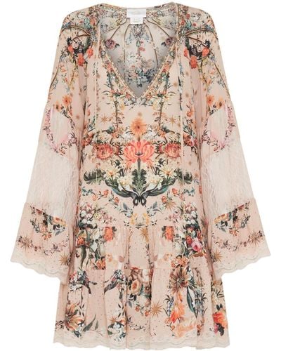 Camilla Floral-print A-line Silk Dress - Natural