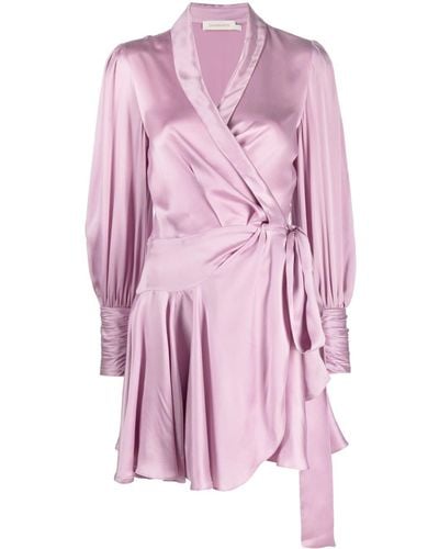 Zimmermann Ruched Silk-satin Wrap Minidress - Pink