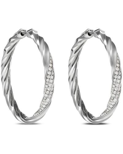 David Yurman Sterling Silver Cable Edge Diamond Hoop Earrings - Metallic