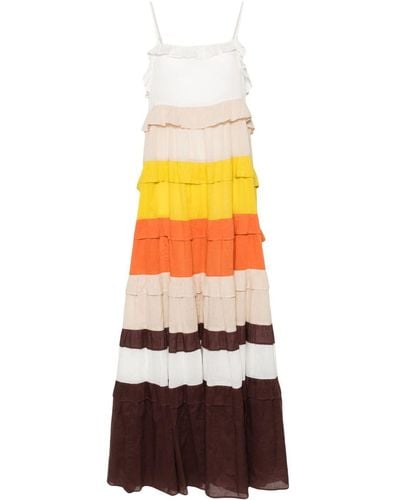 Twin Set Maxi-jurk Met Colourblocking En Ruches - Wit
