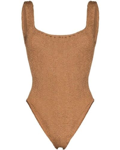 Hunza G Square-neck Crinkle-effect Swimsuit - Brown
