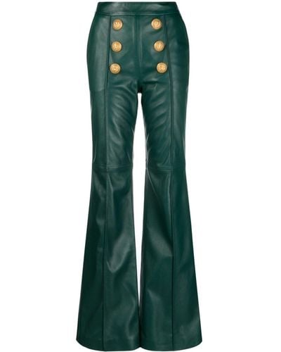 Balmain Button-embellished Leather Flared Pants - Green