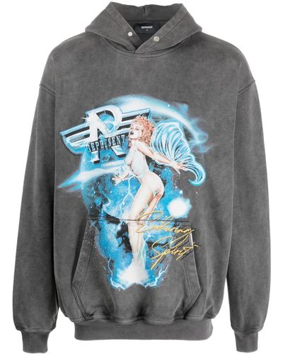 Represent Illustration-print Washed Cotton Hoodie - Gray