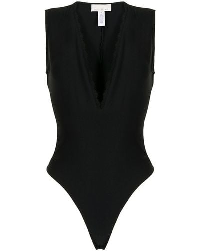 Fleur du Mal Margo Lace-trim Deep V-neck Bodysuit - Black