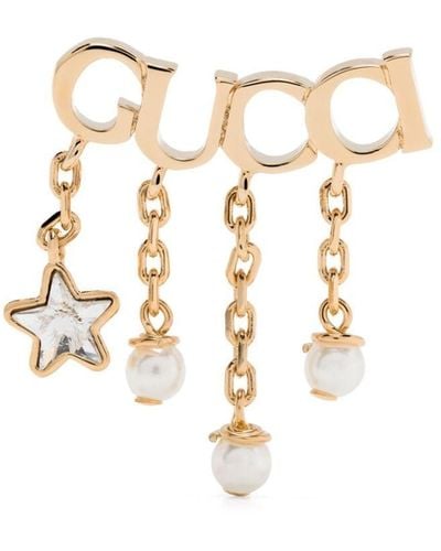 Gucci Logo-script Crystal And Pearl-embellished Gold-toned Metal Earrings - Metallic