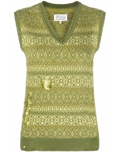 Maison Margiela Fair Isle Distressed-effect Knitted Vest - Green