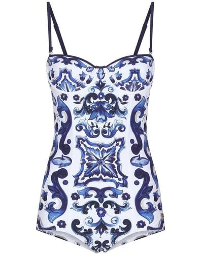 Dolce & Gabbana Bañador estilo balconette con estampado de mayólica - Azul