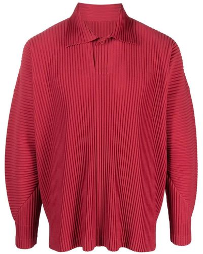 Homme Plissé Issey Miyake Pleated Long-sleeved Polo Shirt - Red