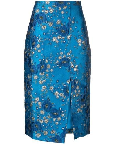 Ganni Floral-print Jacquard Pencil Skirt - Blue