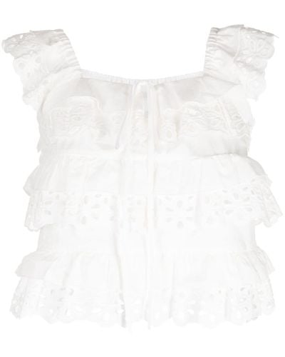 B+ AB Floral-embroidered Ruffled Cotton Top - White