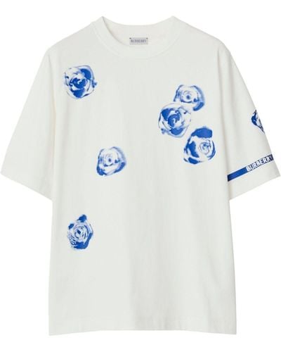 Burberry T-shirt Met Roosprint - Blauw