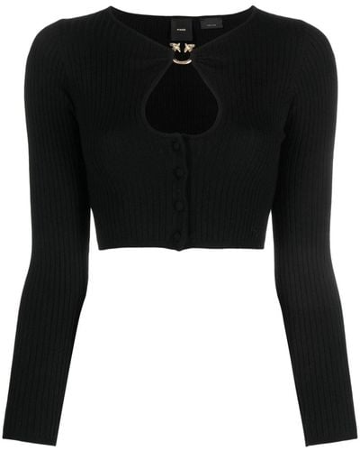 Pinko Cut-out Ribbed-knit Cropped Cardigan - Black
