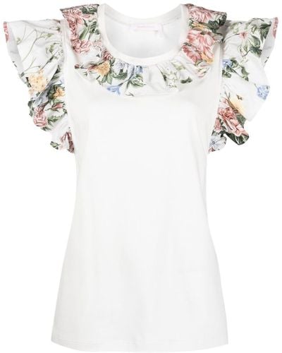 See By Chloé Cotton Floral-trim T-shirt - White