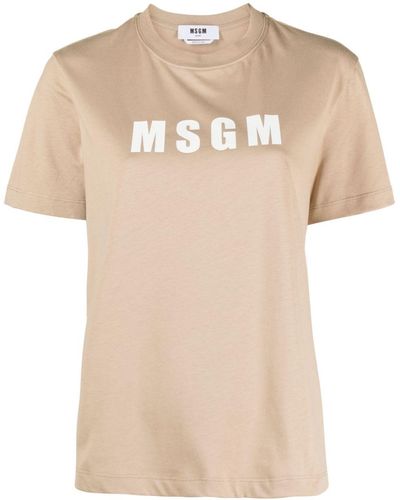 MSGM Crew Neck Logo-print Cotton T-shirt - Natural