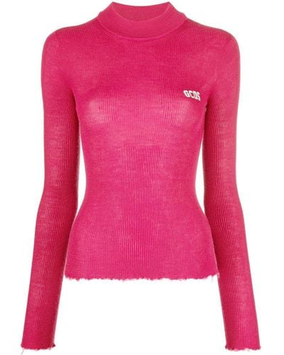 Gcds Logo-print Ribbed-knit Sweater - Pink