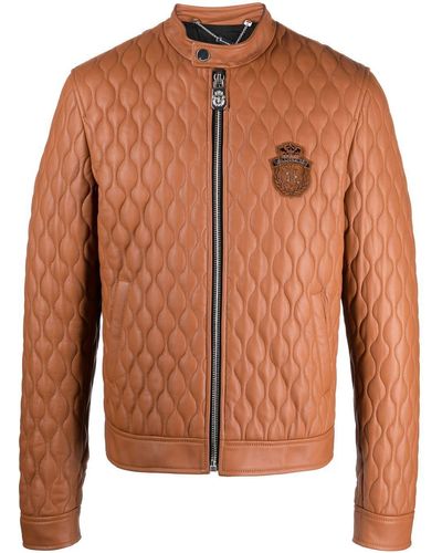 Billionaire Veste en cuir matelassée à patch logo - Marron