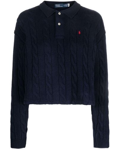 Polo Ralph Lauren Polo Pony Embroidered Polo-style Wool And Cashmere-blend Cableknit Jumper - Blue