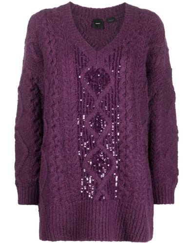 Pinko Sequin-embellished Cable-knit Sweater - Purple