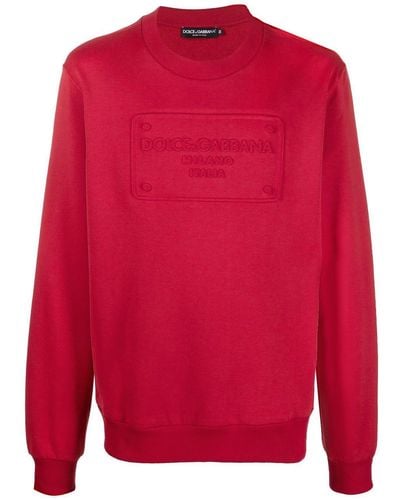 Dolce & Gabbana Logo Plaque Embossed Cotton Sweatshirt - Red