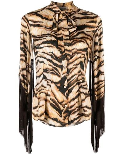 Roberto Cavalli Tiger-print Pussybow Shirt - Natural